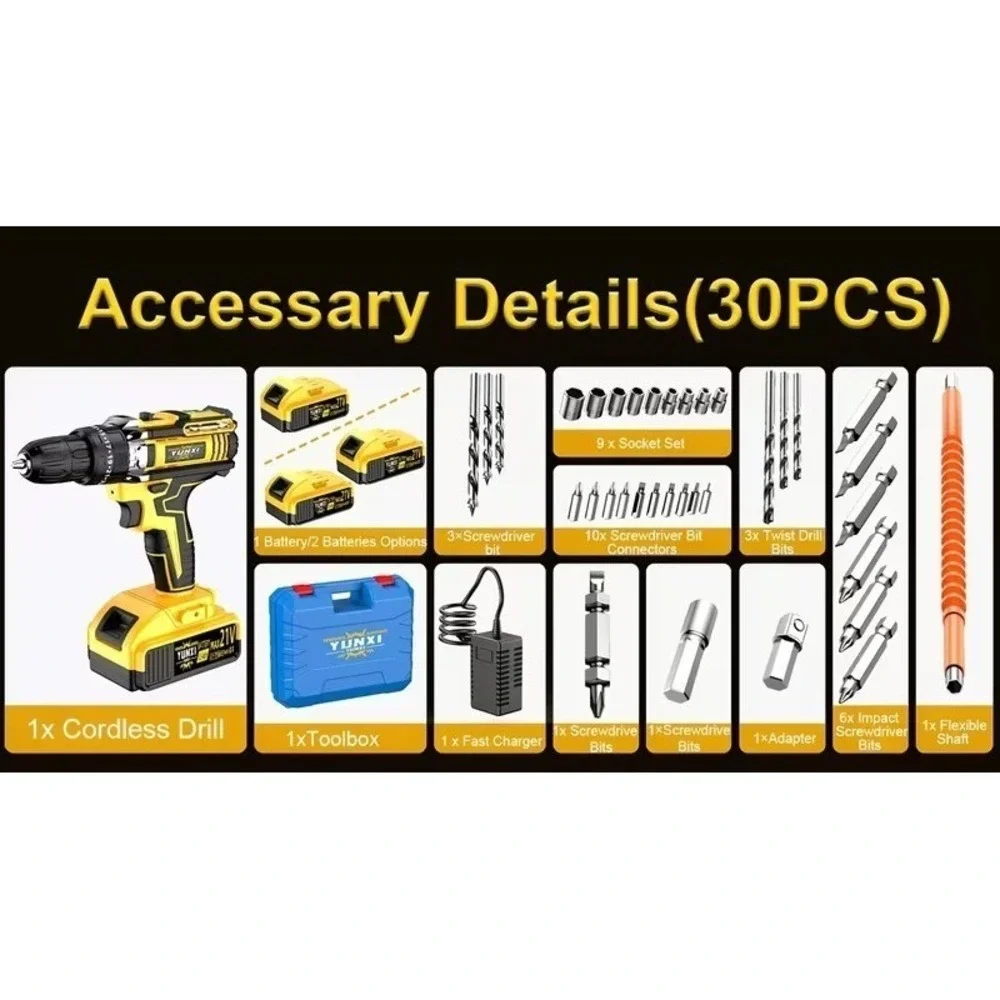 21V Household Multifunctional Cordless Drill, Power Tool, Equipped with Battery